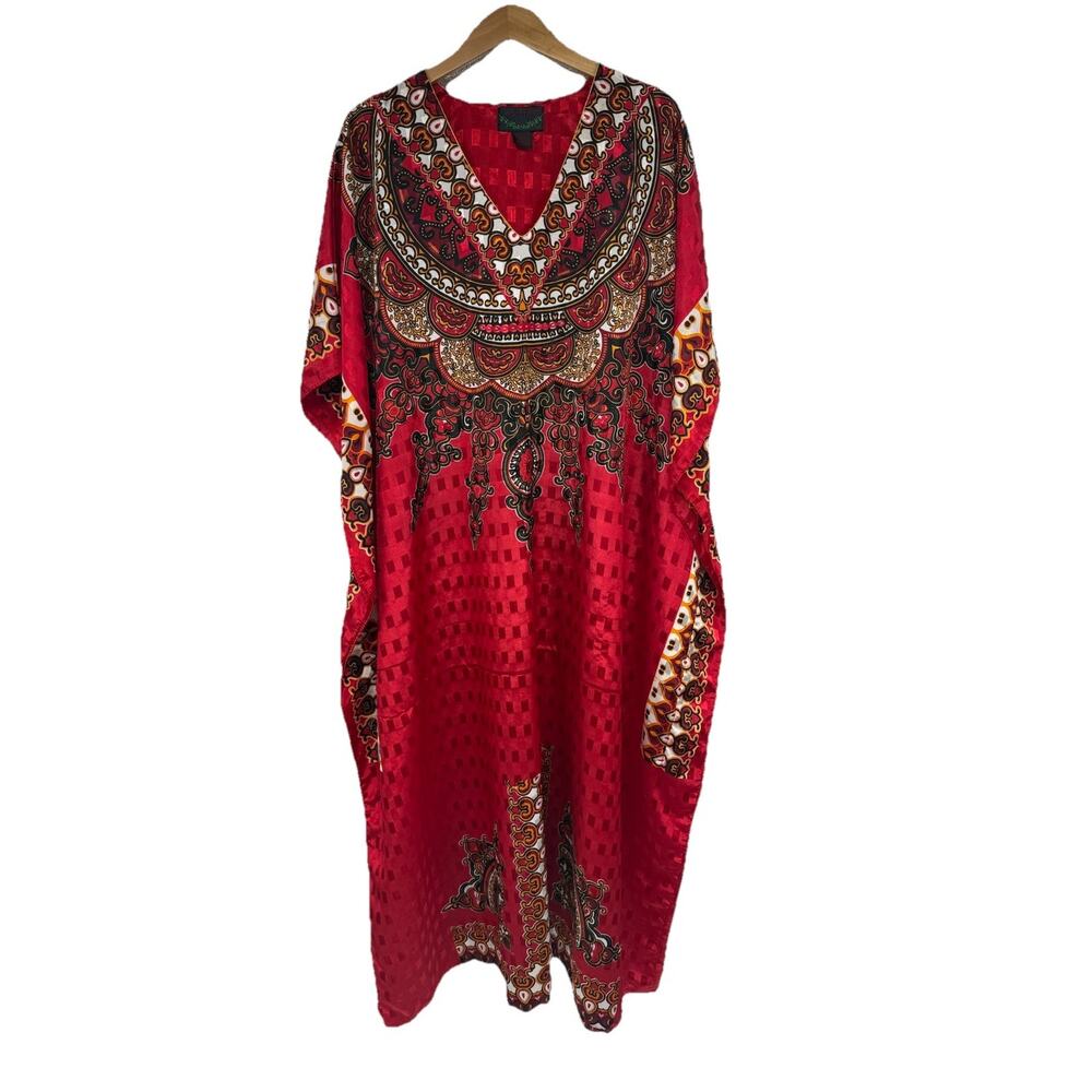 Ashro Red Gold Colorful Caftan Long Kimono Dress Free Size African Ethnic